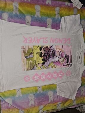 White Demon Slayer Graphic Tee with Pink Print